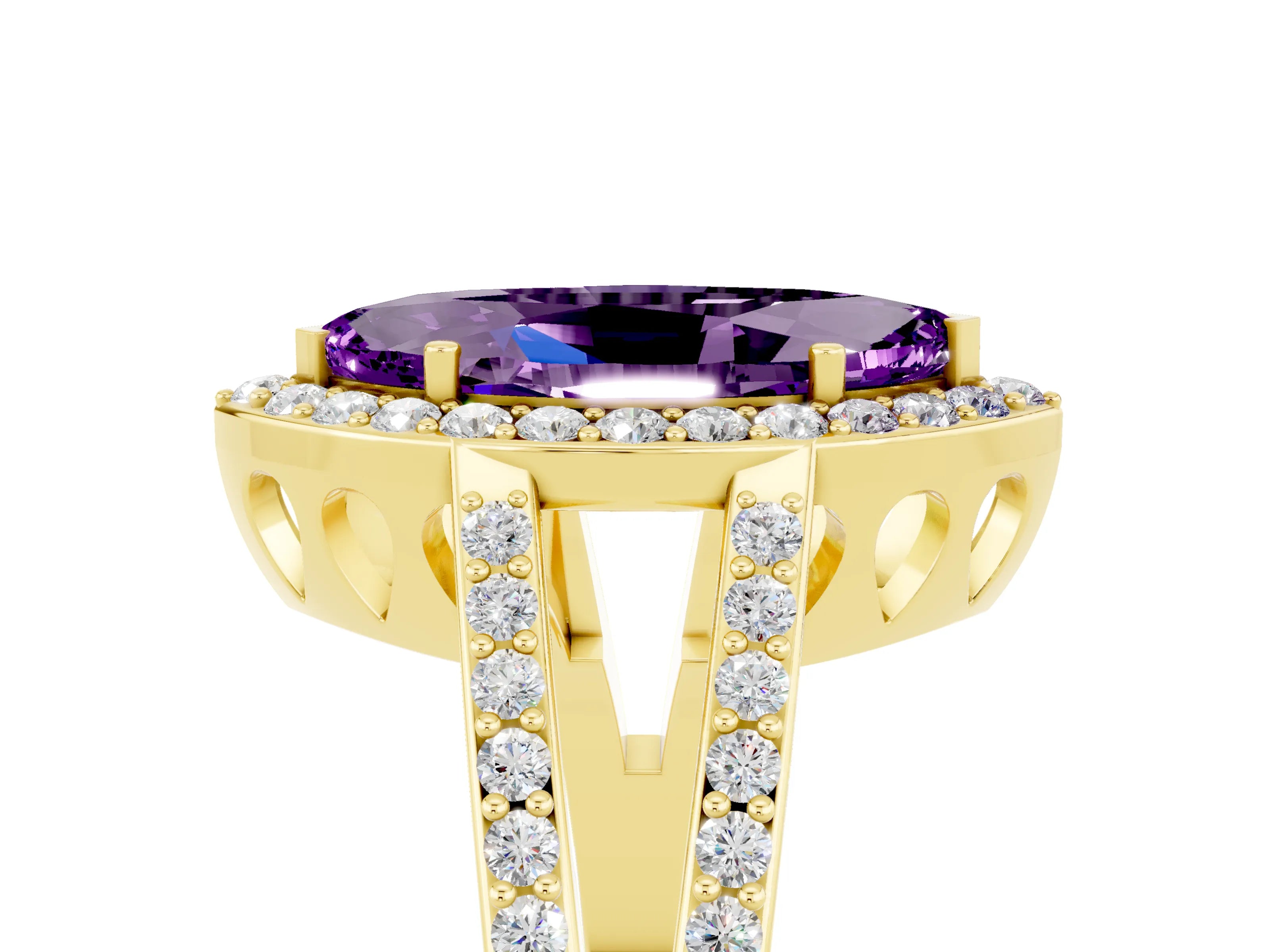 Yellow gold Marquise Cut Amethyst Halo Ring with Split Shank U-Prong Band and Four-Prong Setting_5