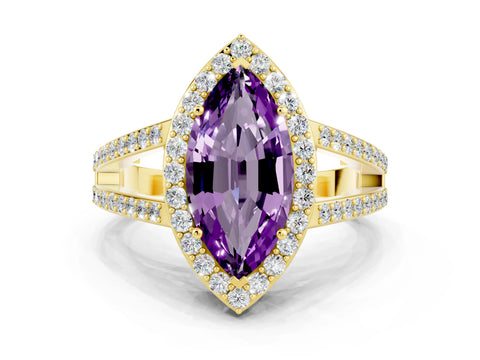 Yellow gold Marquise Cut Amethyst Halo Ring with Split Shank U-Prong Band and Four-Prong Setting