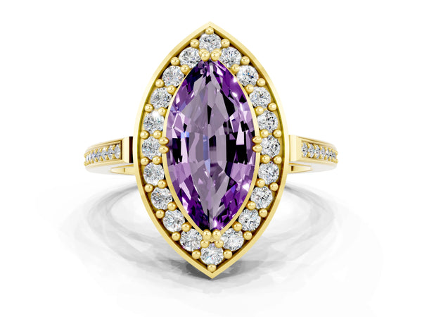 Yellow gold Marquise Cut Amethyst Halo Ring with Split Shank and Four-Prong Setting