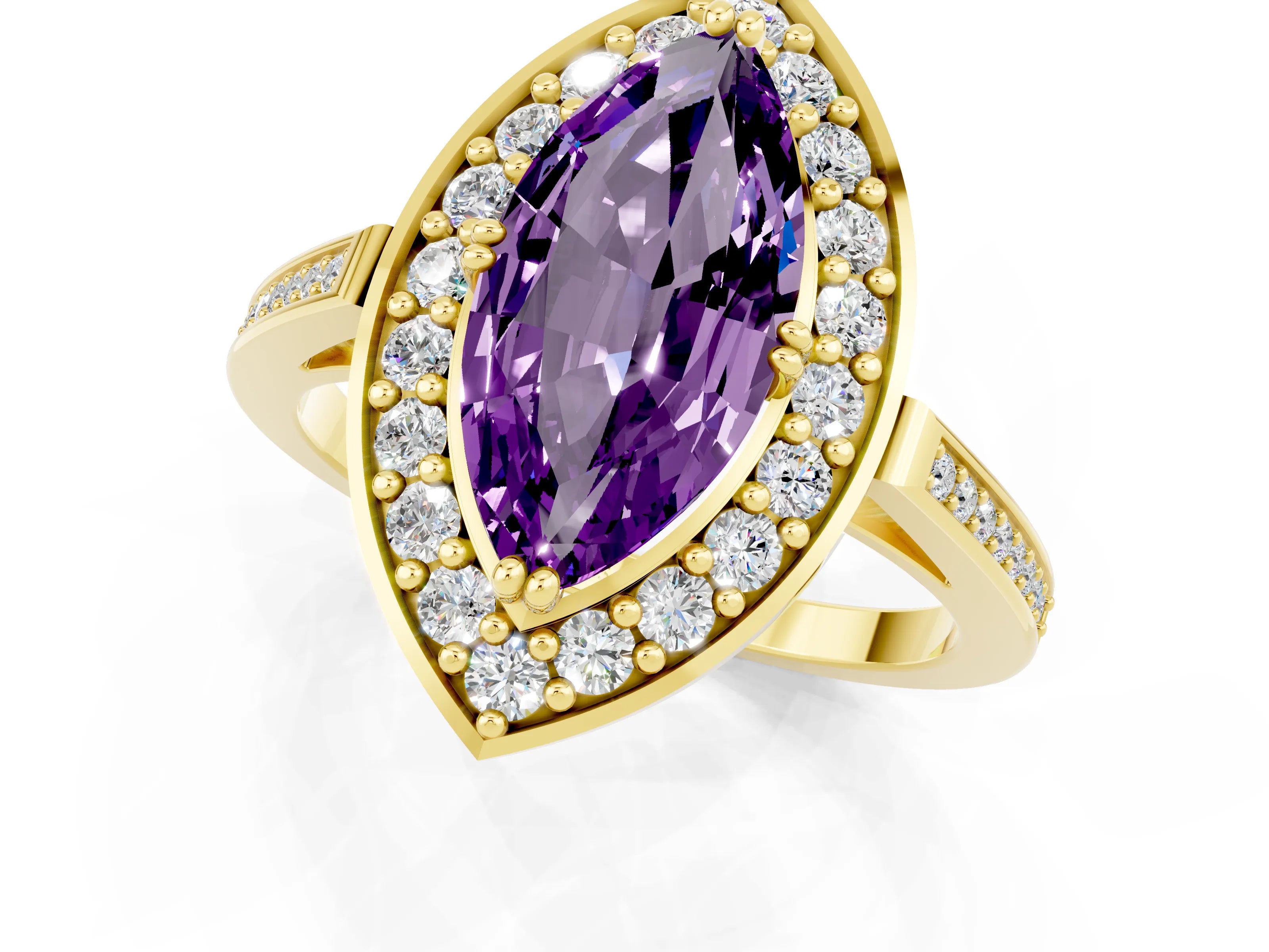 Yellow gold Marquise Cut Amethyst Halo Ring with Split Shank and Four-Prong Setting_1