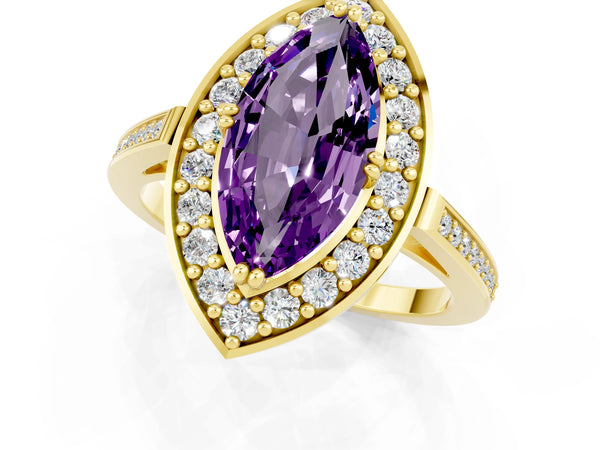 Yellow gold Marquise Cut Amethyst Halo Ring with Split Shank and Four-Prong Setting