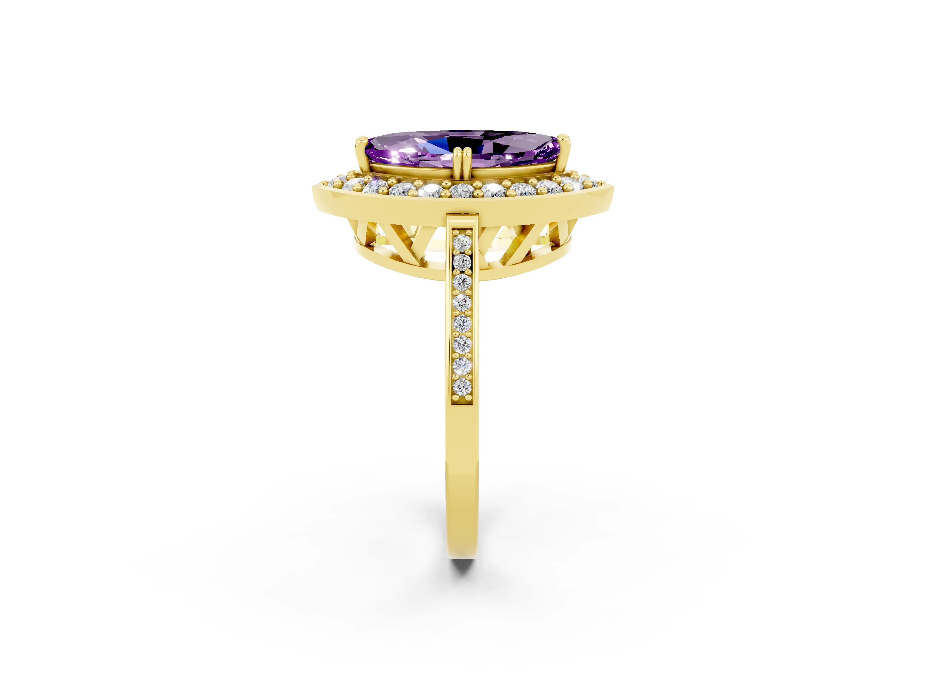Yellow gold Marquise Cut Amethyst Halo Ring with Split Shank and Four-Prong Setting_2