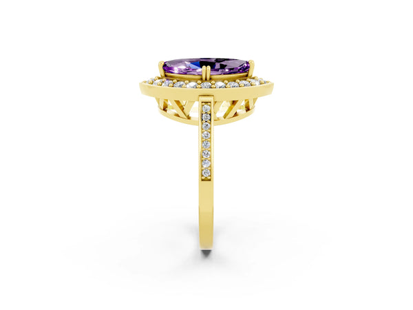 Yellow gold Marquise Cut Amethyst Halo Ring with Split Shank and Four-Prong Setting