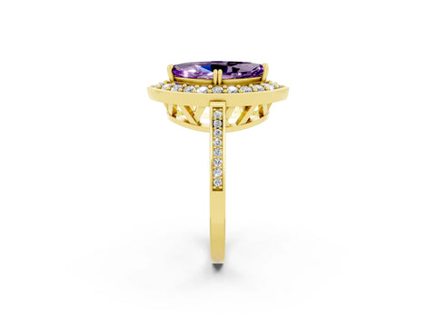 Yellow gold Marquise Cut Amethyst Halo Ring with Split Shank and Four-Prong Setting_2