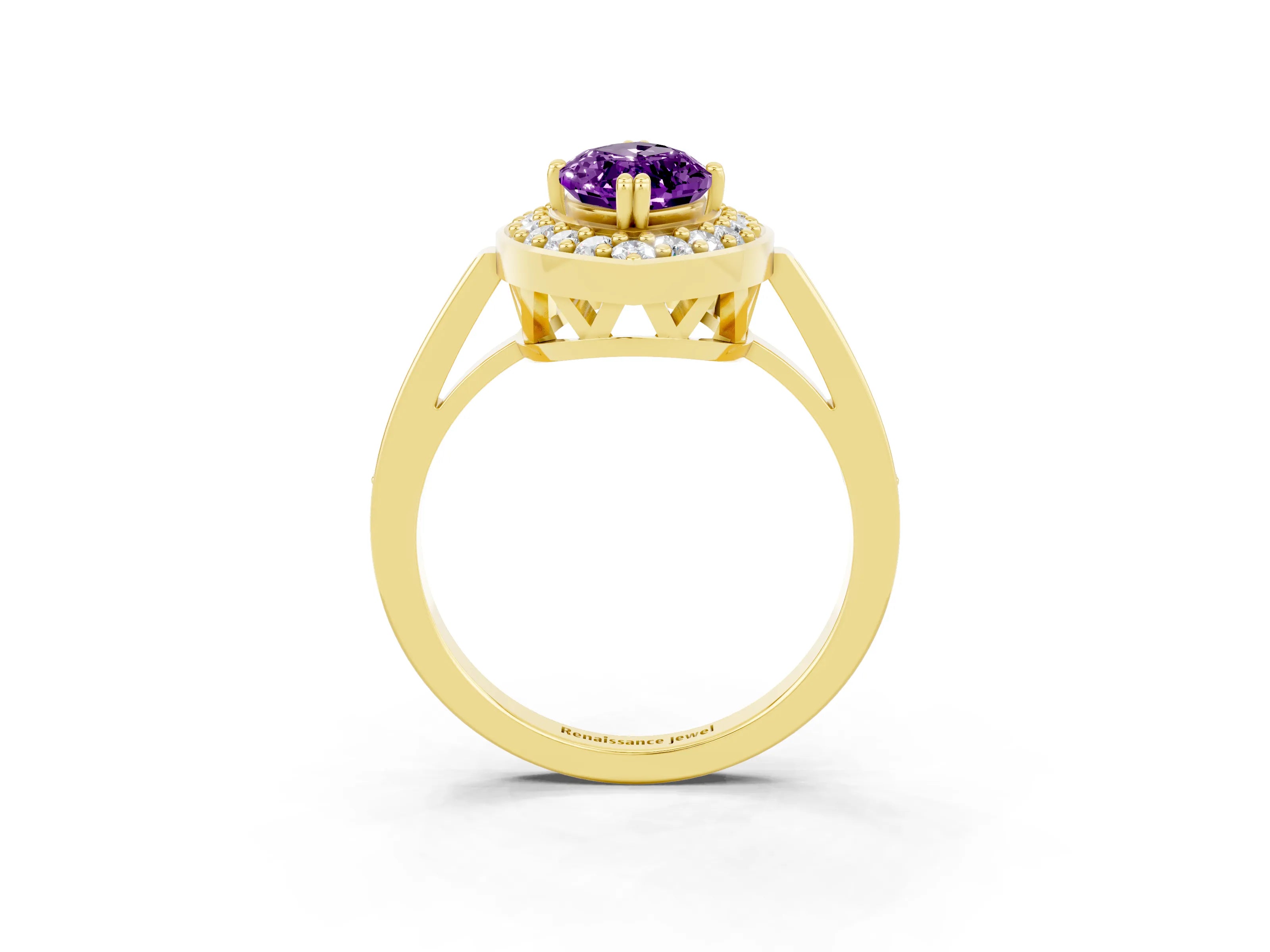 Yellow gold Marquise Cut Amethyst Halo Ring with Split Shank and Four-Prong Setting_3