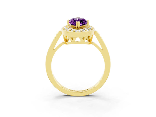 Yellow gold Marquise Cut Amethyst Halo Ring with Split Shank and Four-Prong Setting