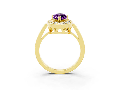 Yellow gold Marquise Cut Amethyst Halo Ring with Split Shank and Four-Prong Setting_3