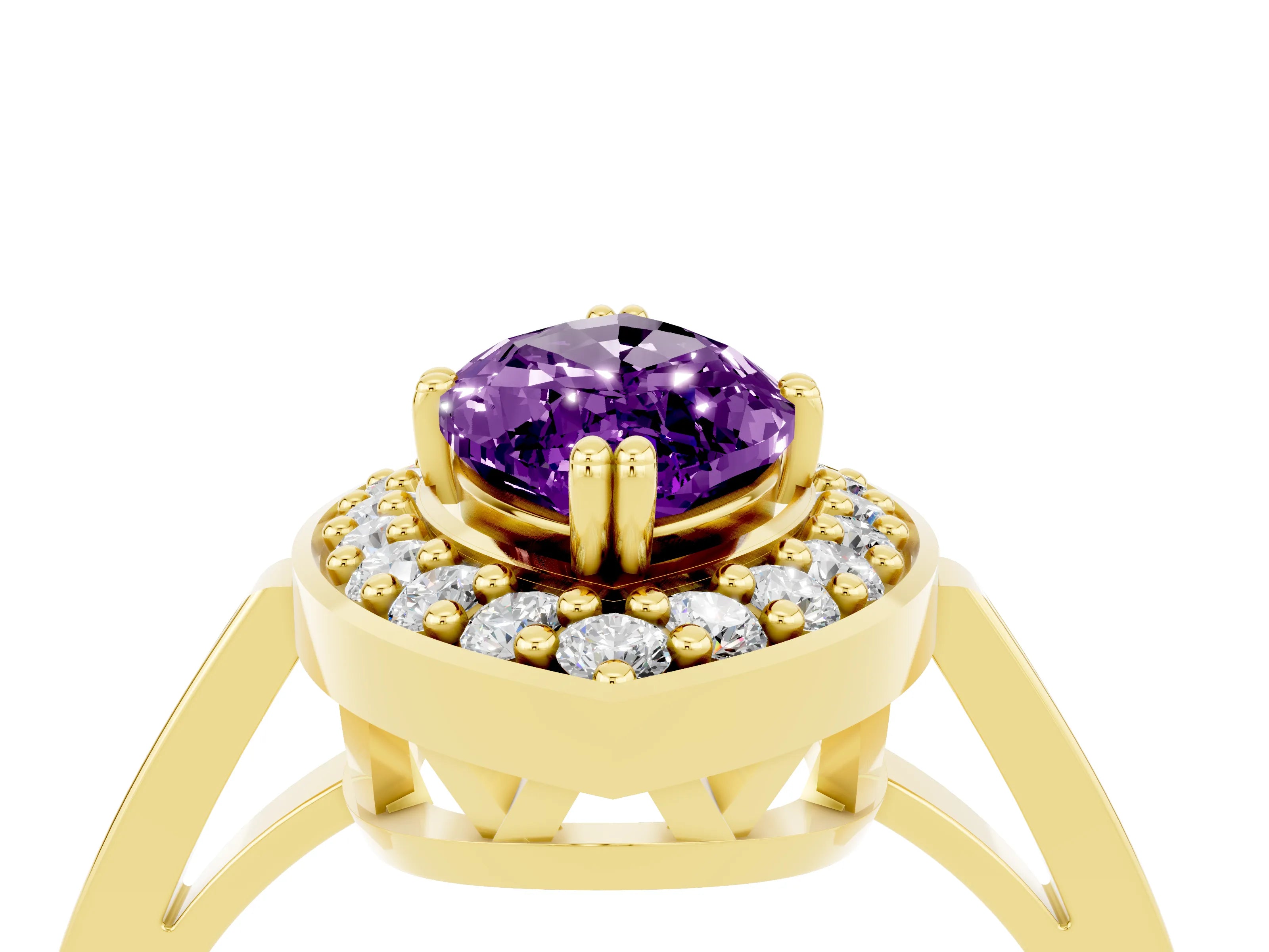 Yellow gold Marquise Cut Amethyst Halo Ring with Split Shank and Four-Prong Setting_4