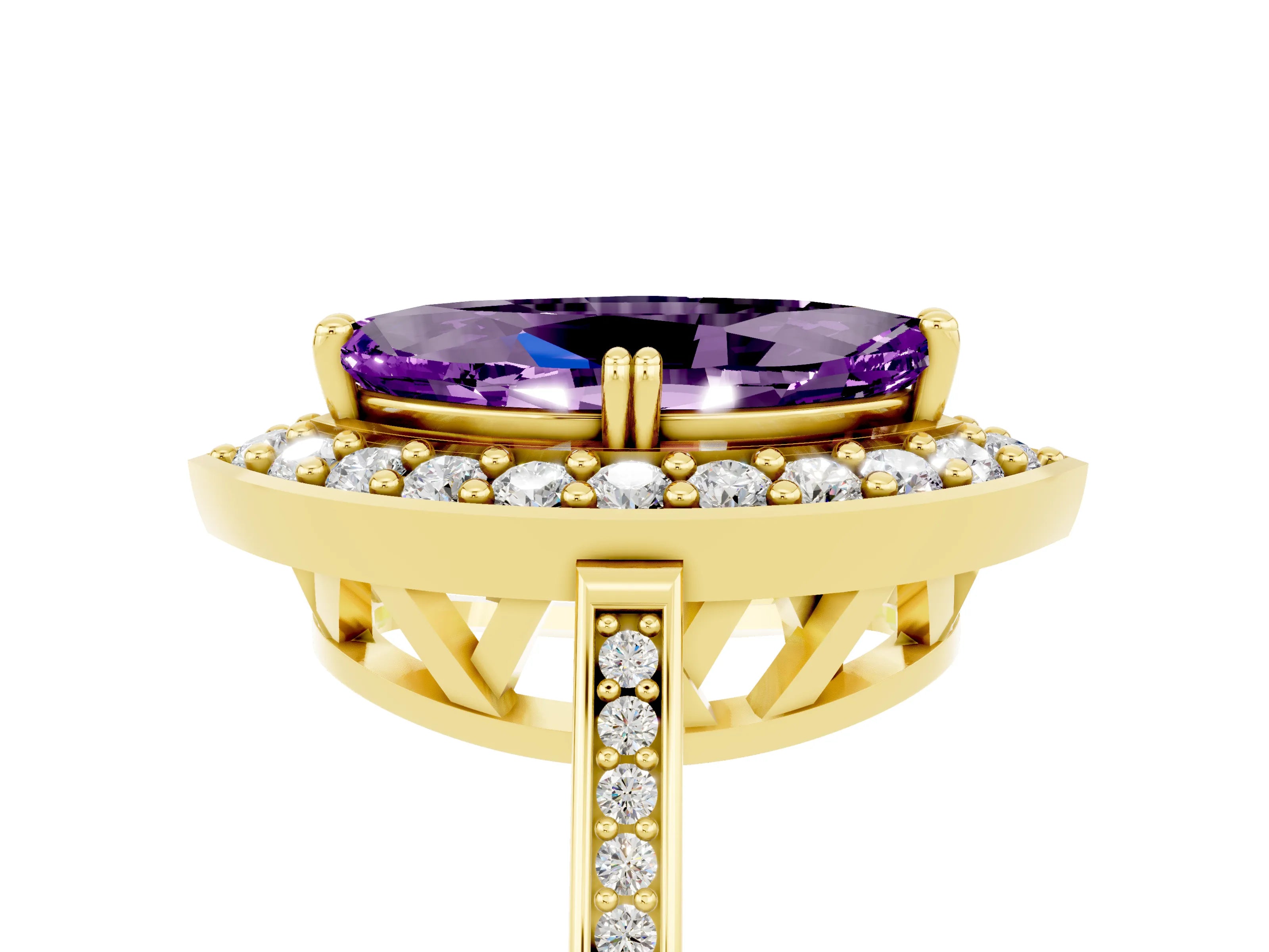 Yellow gold Marquise Cut Amethyst Halo Ring with Split Shank and Four-Prong Setting_5