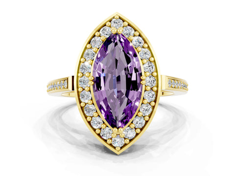 Yellow gold Marquise Cut Amethyst Halo Ring with Split Shank and Four-Prong Setting
