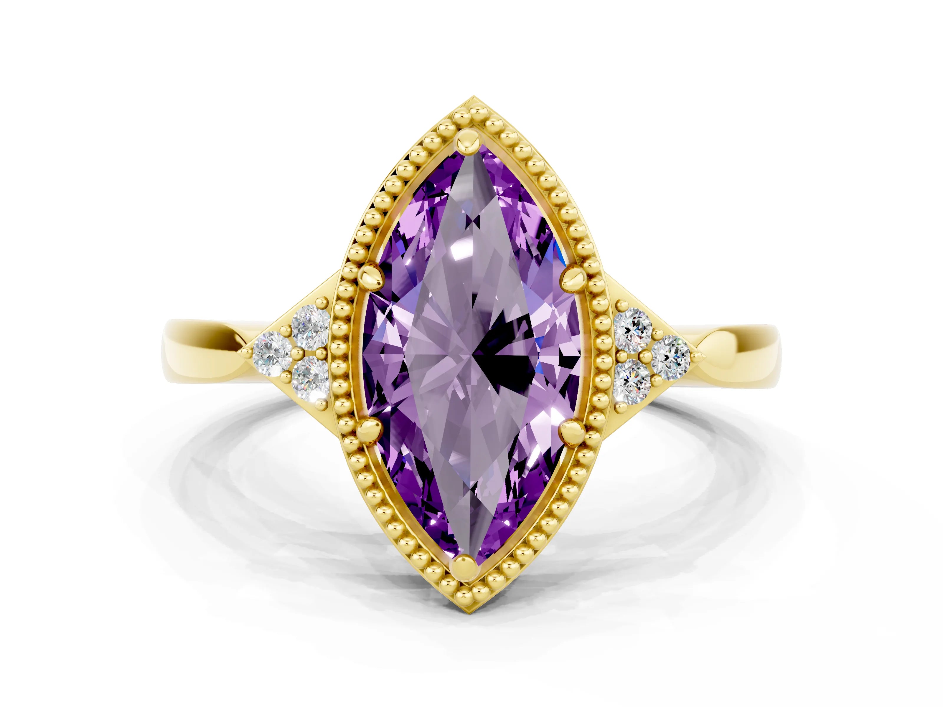 Yellow gold Marquise Cut Amethyst Halo Ring with Tapered Band and Four-Prong Setting