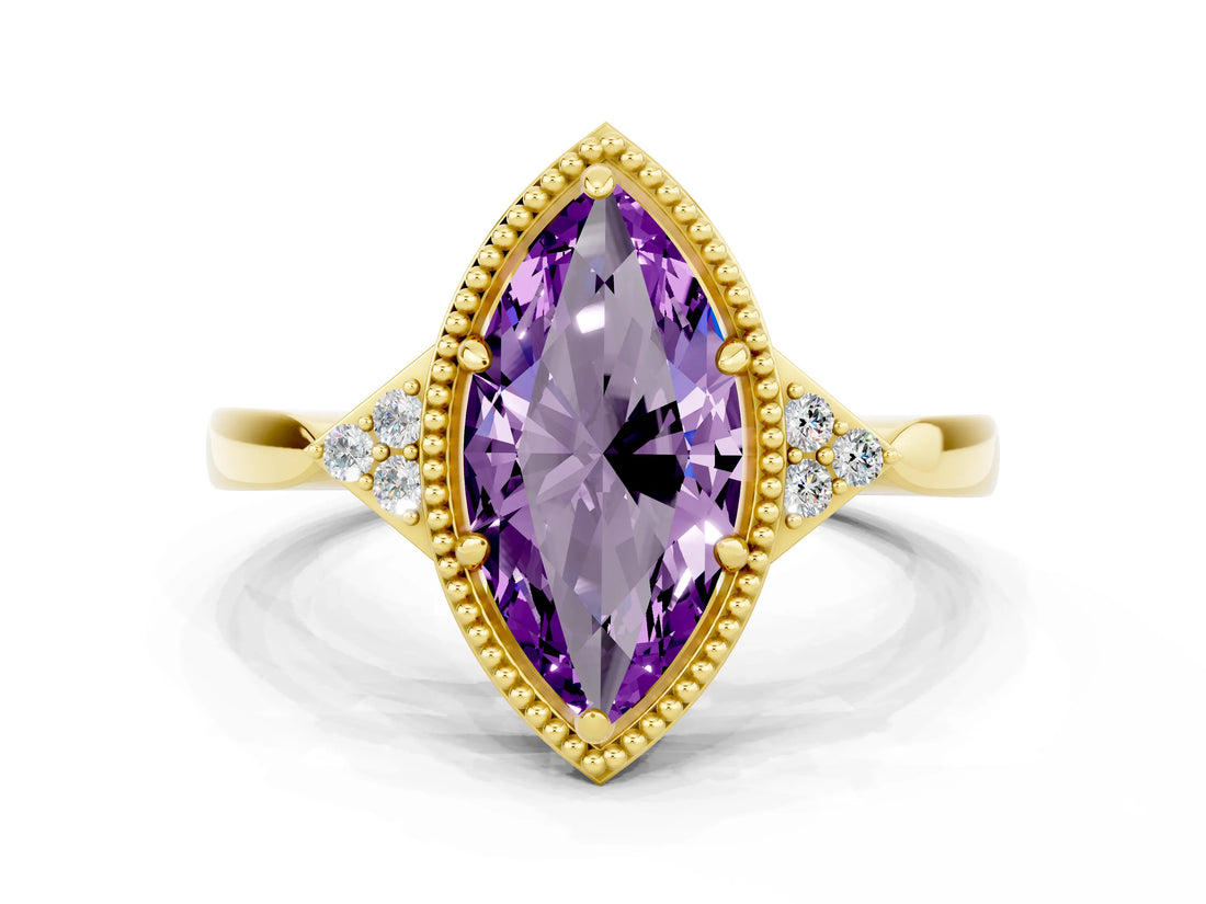 Yellow gold Marquise Cut Amethyst Halo Ring with Tapered Band and Four-Prong Setting