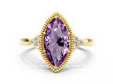 Yellow gold Marquise Cut Amethyst Halo Ring with Tapered Band and Four-Prong Setting