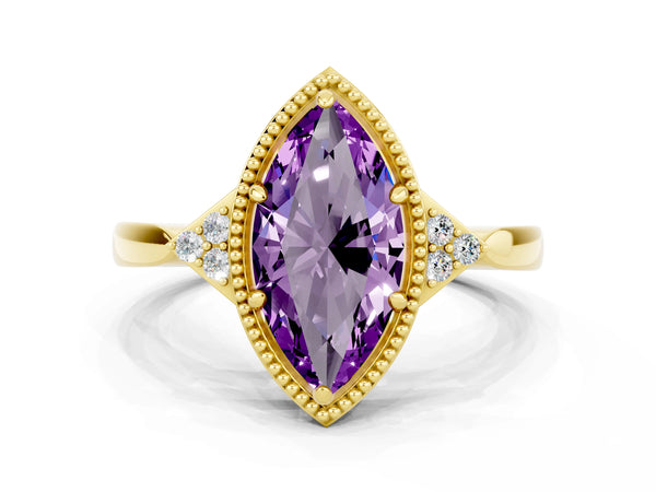 Yellow gold Marquise Cut Amethyst Halo Ring with Tapered Band and Four-Prong Setting
