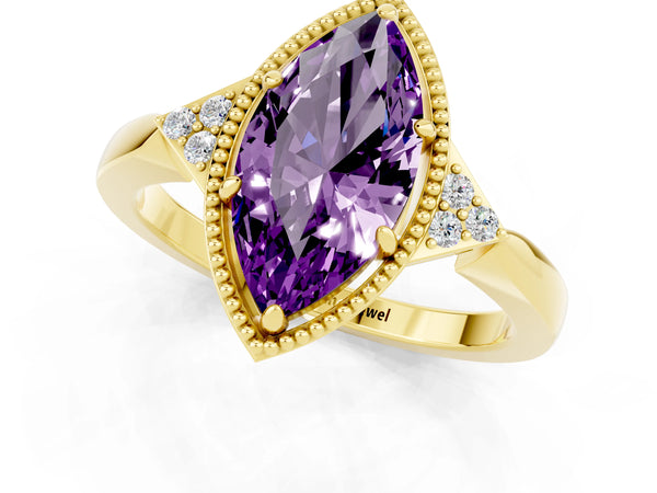 Yellow gold Marquise Cut Amethyst Halo Ring with Tapered Band and Four-Prong Setting