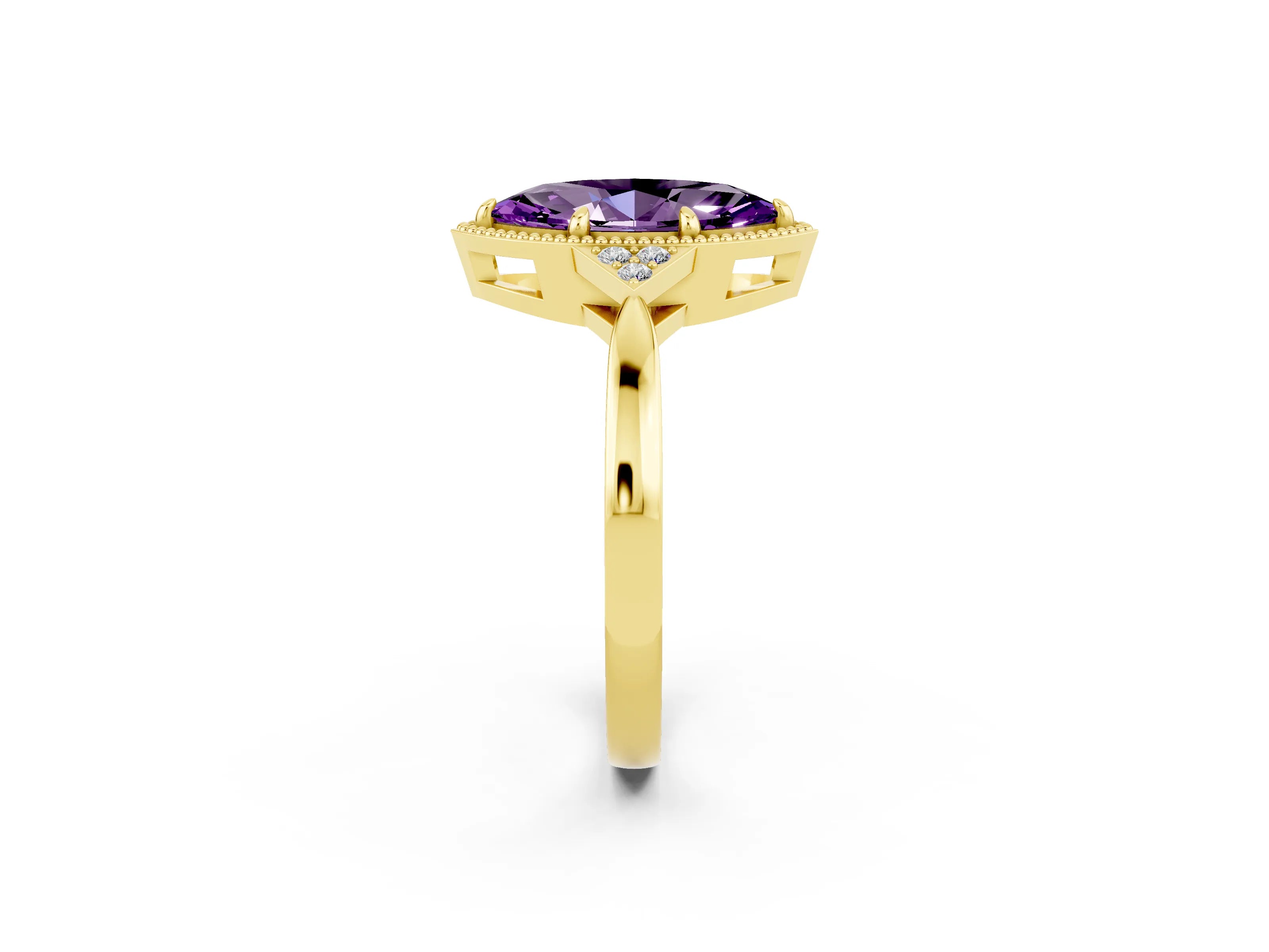Yellow gold Marquise Cut Amethyst Halo Ring with Tapered Band and Four-Prong Setting_2