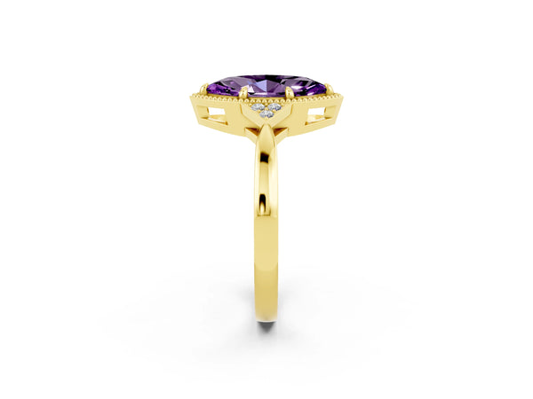 Yellow gold Marquise Cut Amethyst Halo Ring with Tapered Band and Four-Prong Setting