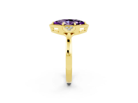 Yellow gold Marquise Cut Amethyst Halo Ring with Tapered Band and Four-Prong Setting_2