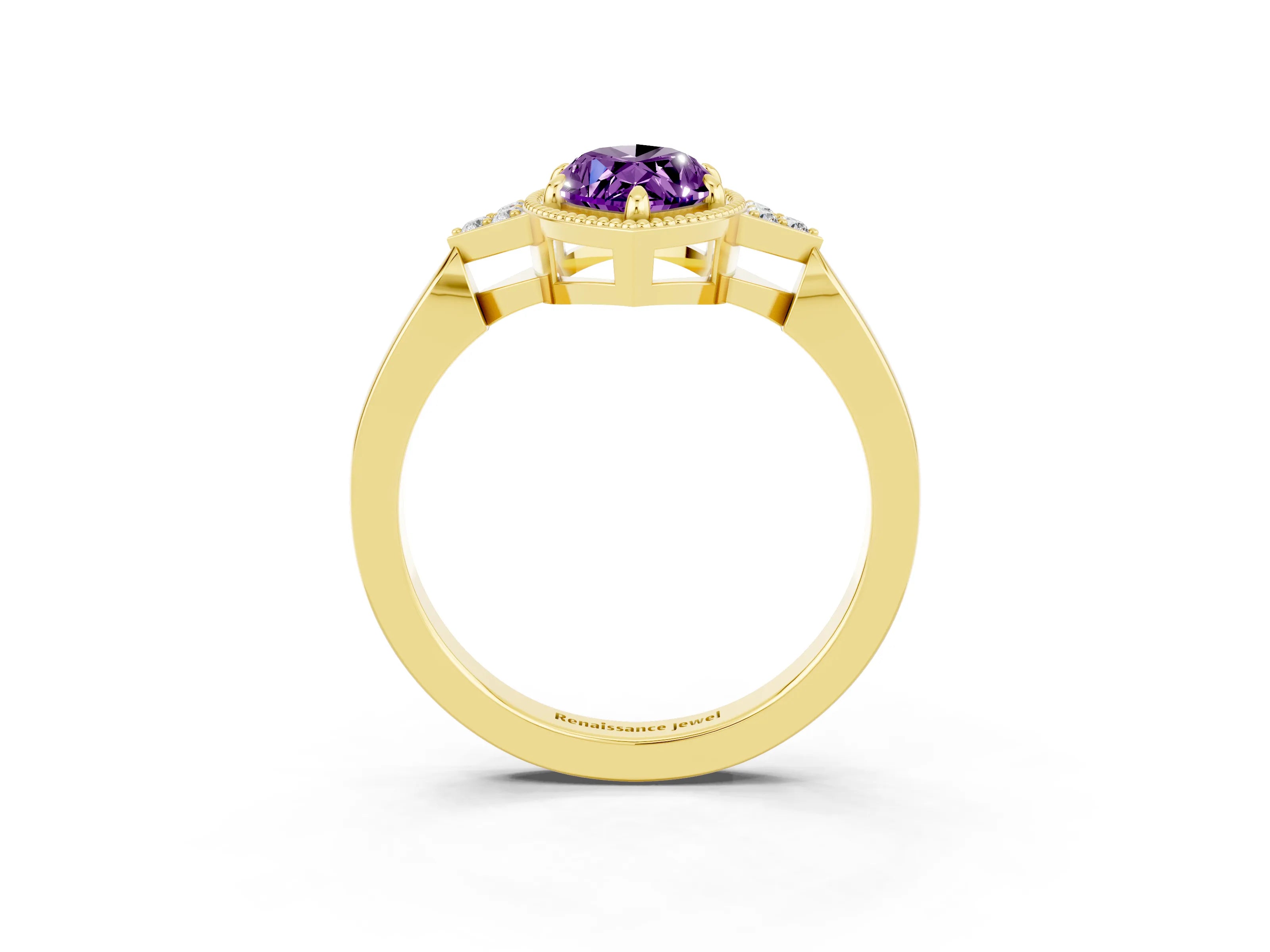 Yellow gold Marquise Cut Amethyst Halo Ring with Tapered Band and Four-Prong Setting_3