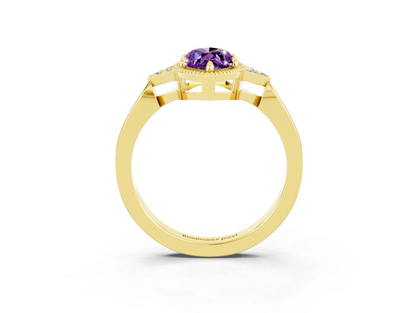 Yellow gold Marquise Cut Amethyst Halo Ring with Tapered Band and Four-Prong Setting
