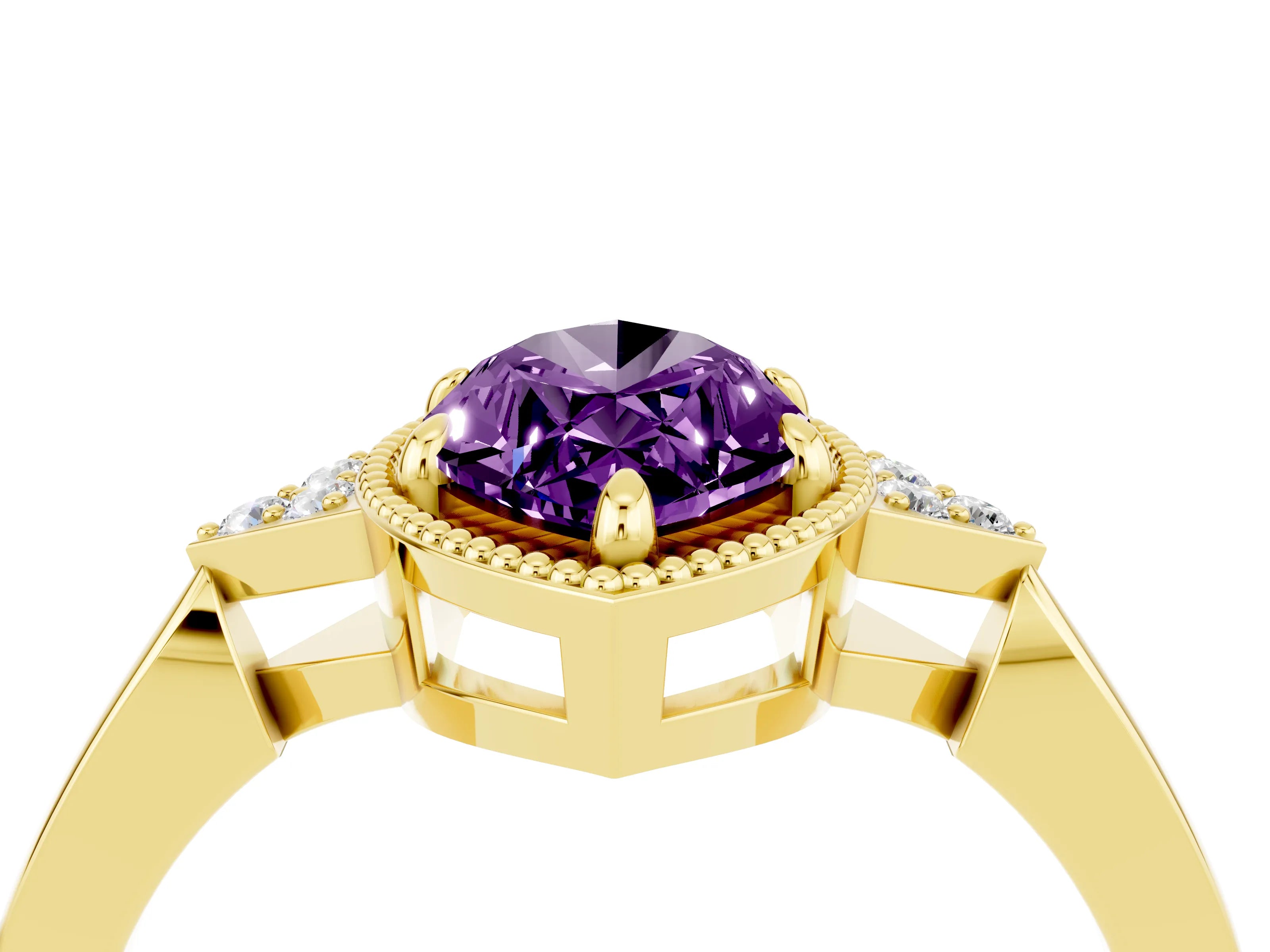 Yellow gold Marquise Cut Amethyst Halo Ring with Tapered Band and Four-Prong Setting_4