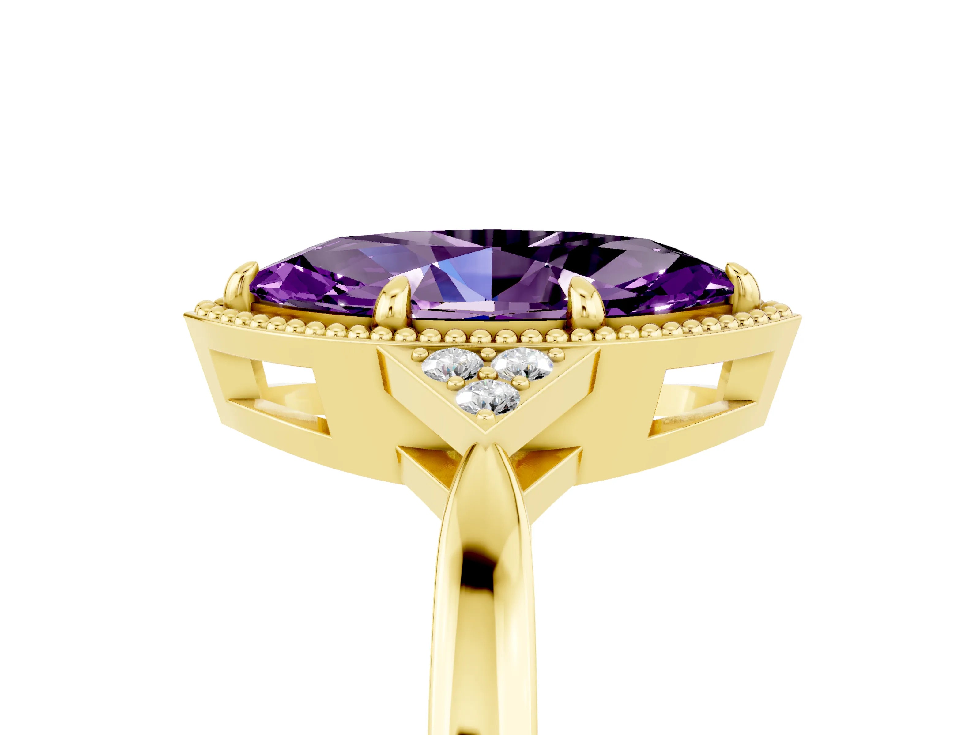 Yellow gold Marquise Cut Amethyst Halo Ring with Tapered Band and Four-Prong Setting_5