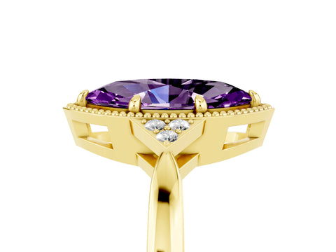 Yellow gold Marquise Cut Amethyst Halo Ring with Tapered Band and Four-Prong Setting_5