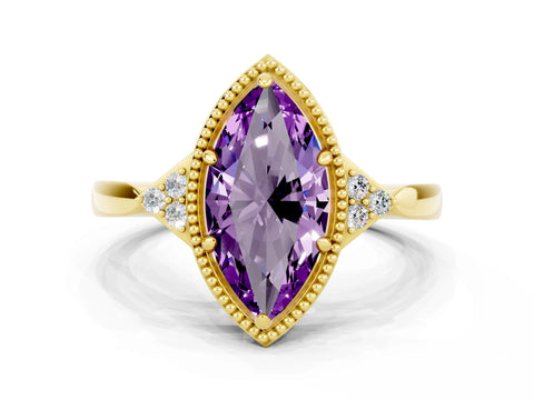 Yellow gold Marquise Cut Amethyst Halo Ring with Tapered Band and Four-Prong Setting