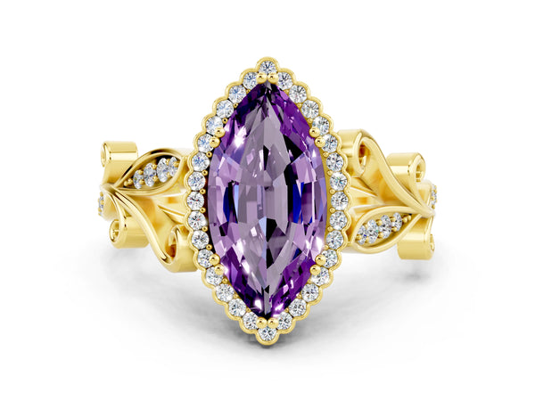 Yellow gold Marquise Cut Amethyst Halo Ring with Vintage Split Shank and Four-Prong Setting