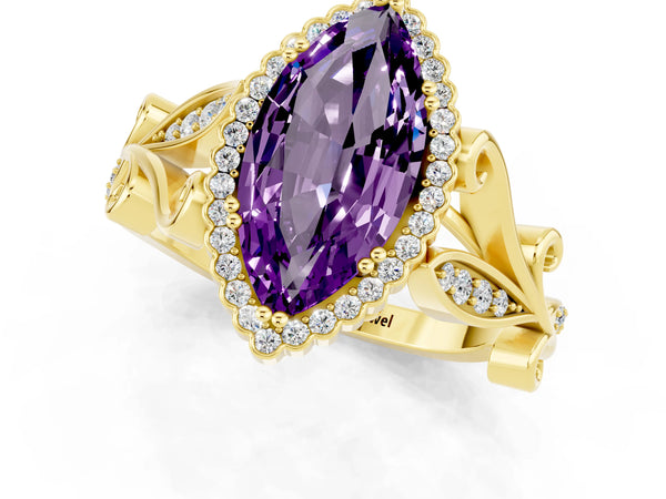 Yellow gold Marquise Cut Amethyst Halo Ring with Vintage Split Shank and Four-Prong Setting