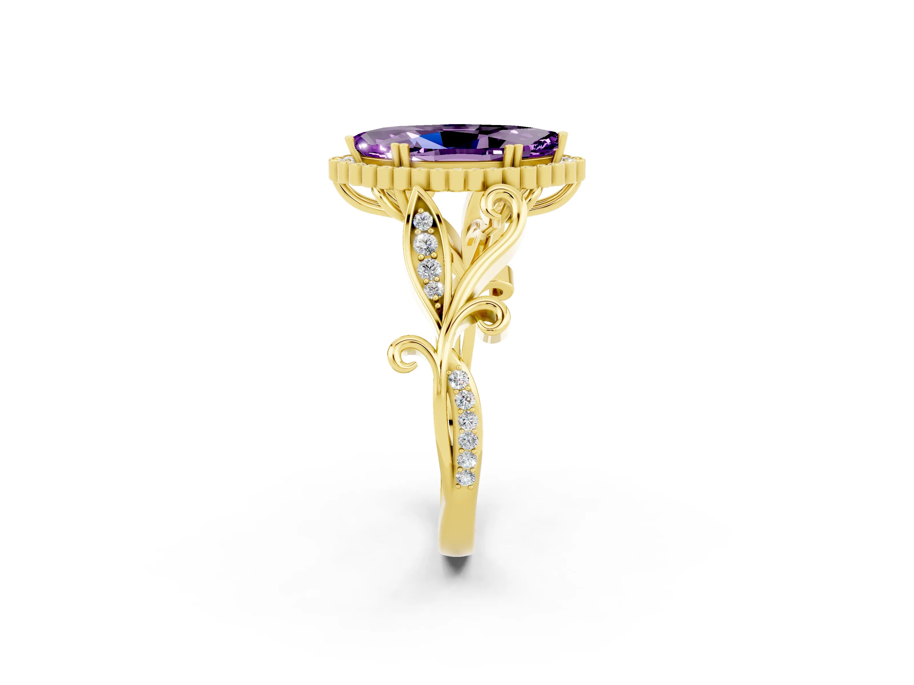 Yellow gold Marquise Cut Amethyst Halo Ring with Vintage Split Shank and Four-Prong Setting_2