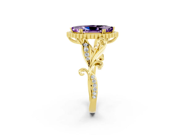 Yellow gold Marquise Cut Amethyst Halo Ring with Vintage Split Shank and Four-Prong Setting