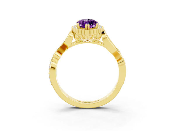 Yellow gold Marquise Cut Amethyst Halo Ring with Vintage Split Shank and Four-Prong Setting