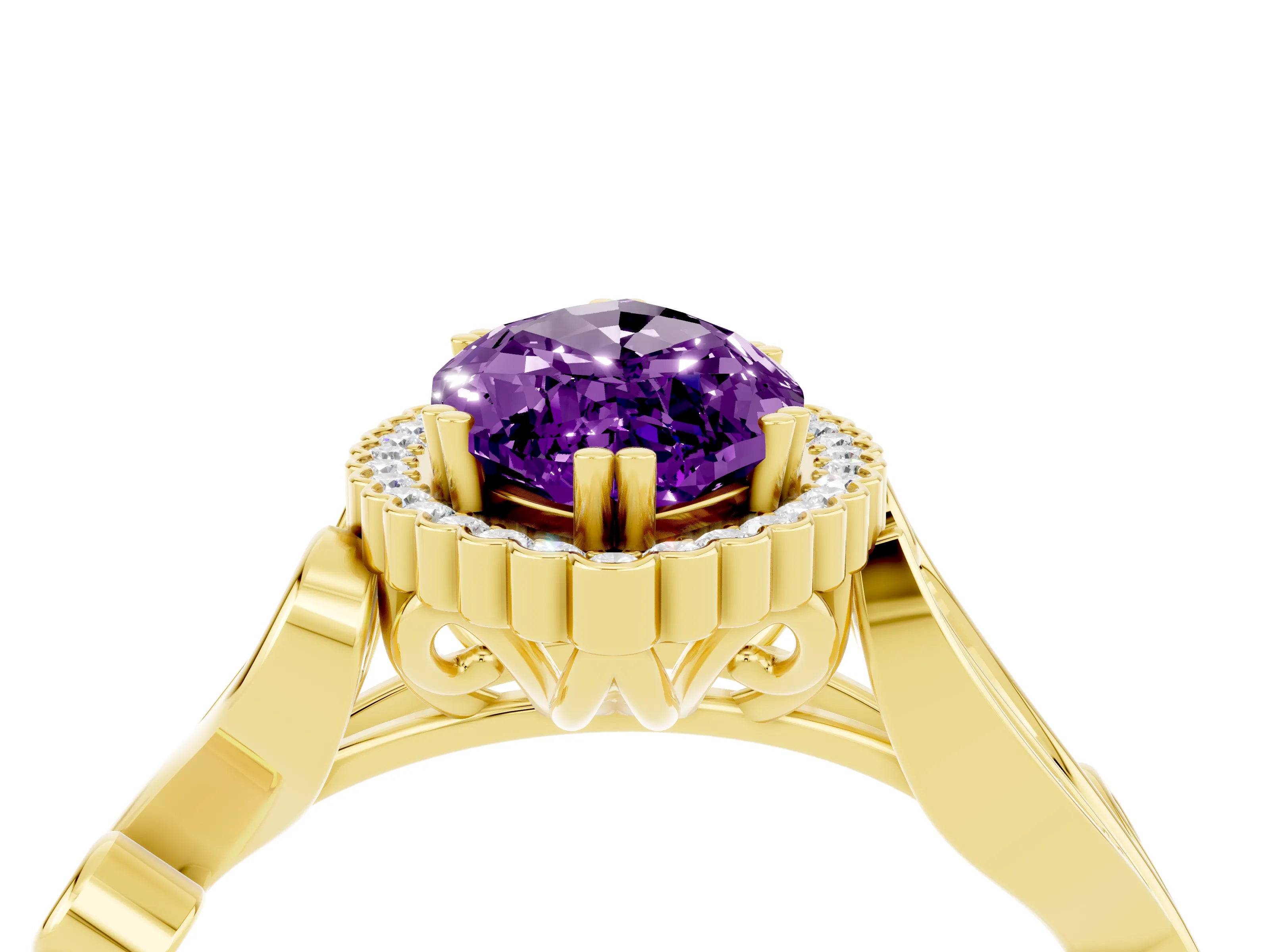 Yellow gold Marquise Cut Amethyst Halo Ring with Vintage Split Shank and Four-Prong Setting_4