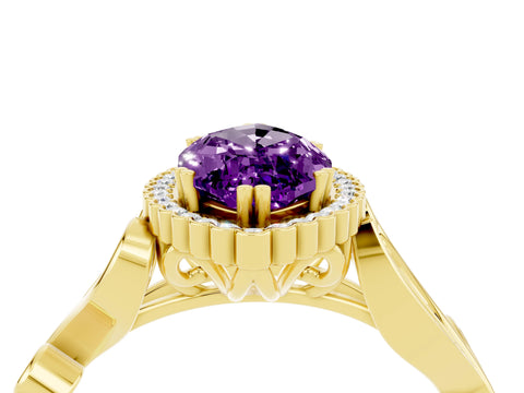 Yellow gold Marquise Cut Amethyst Halo Ring with Vintage Split Shank and Four-Prong Setting_4
