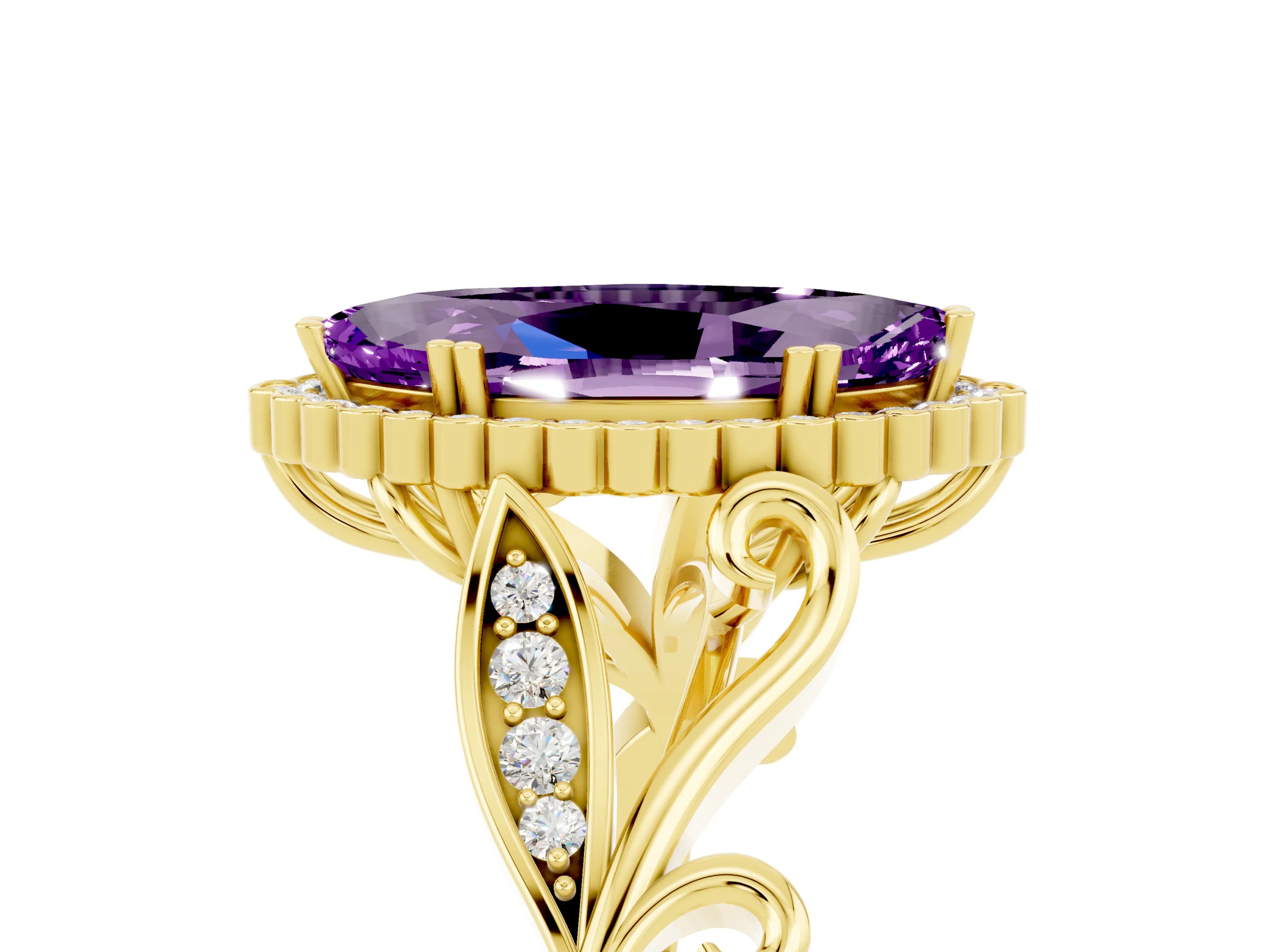 Yellow gold Marquise Cut Amethyst Halo Ring with Vintage Split Shank and Four-Prong Setting_5