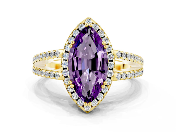 Yellow gold Marquise Cut Amethyst Halo Split Shank Engagement Ring
