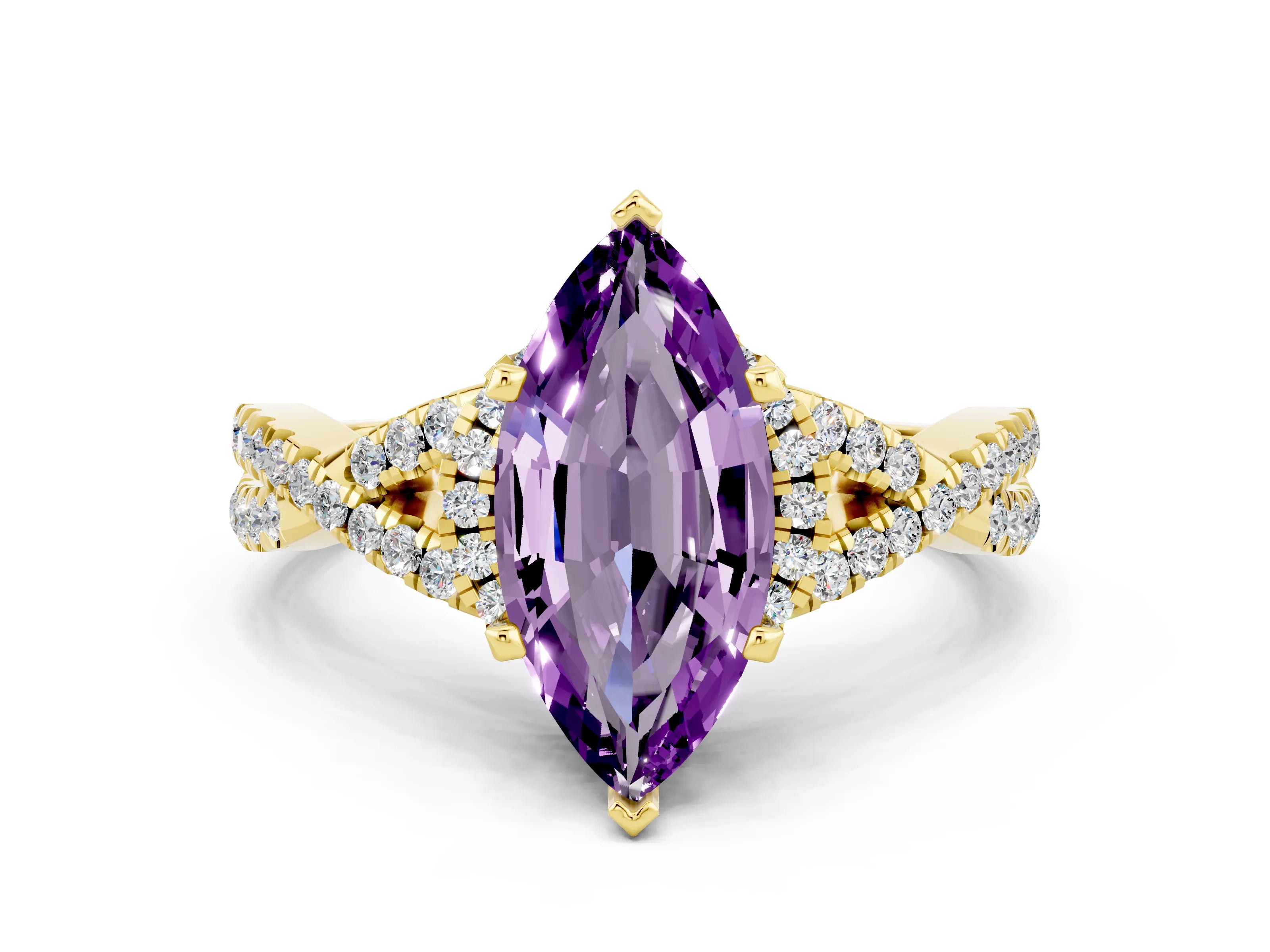 Yellow gold Marquise Cut Amethyst Halo Twist Band Solitaire Prong Setting Ring