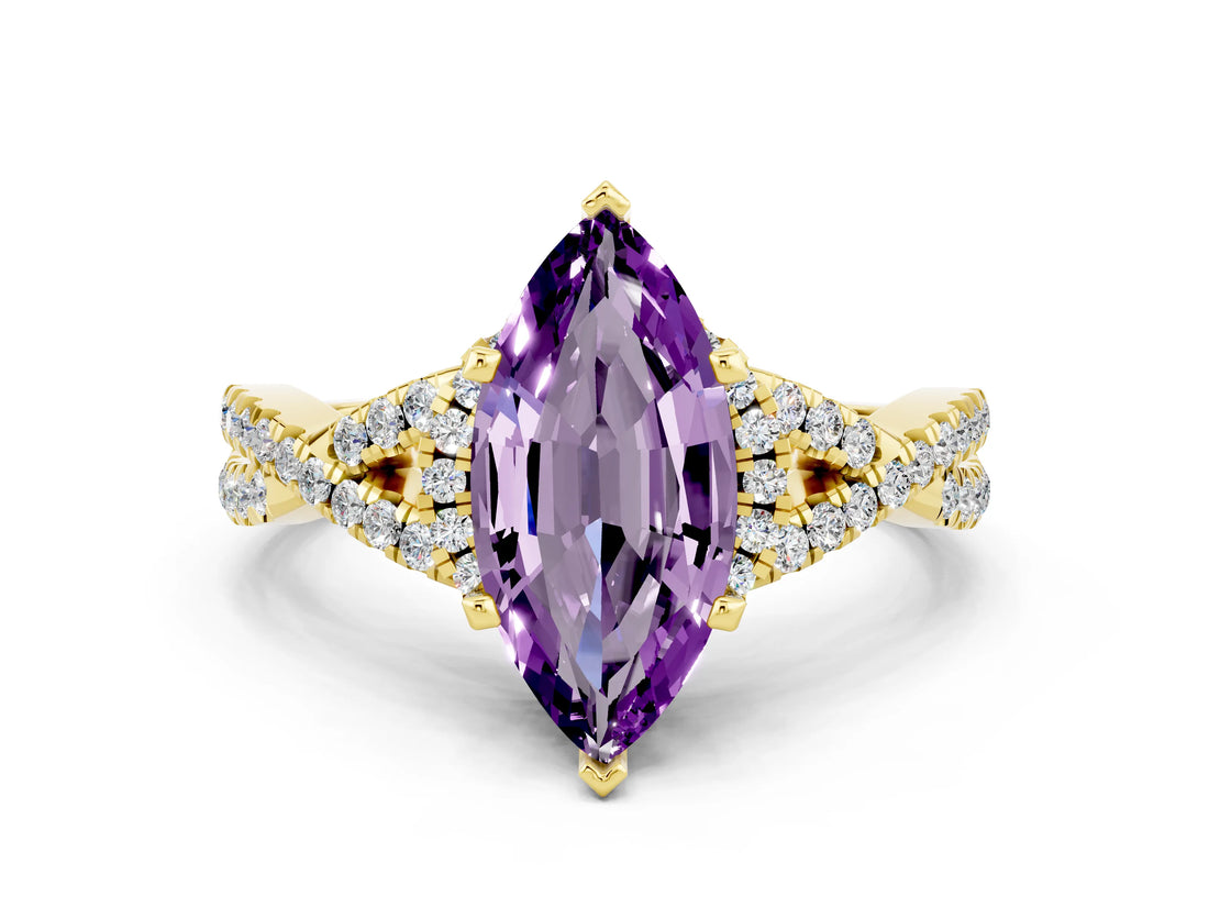 Yellow gold Marquise Cut Amethyst Halo Twist Band Solitaire Prong Setting Ring