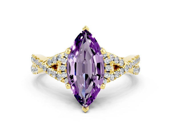 Yellow gold Marquise Cut Amethyst  Halo Twist Band Solitaire Prong Setting Ring