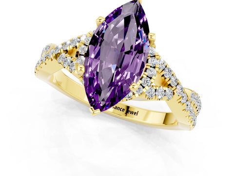 Yellow gold Marquise Cut Amethyst Halo Twist Band Solitaire Prong Setting Ring_1