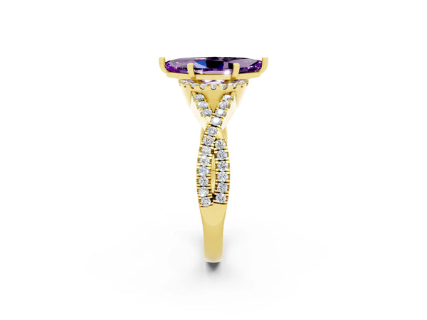 Yellow gold Marquise Cut Amethyst  Halo Twist Band Solitaire Prong Setting Ring