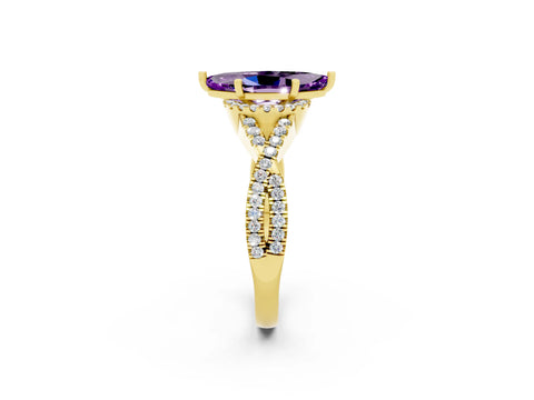 Yellow gold Marquise Cut Amethyst Halo Twist Band Solitaire Prong Setting Ring_2