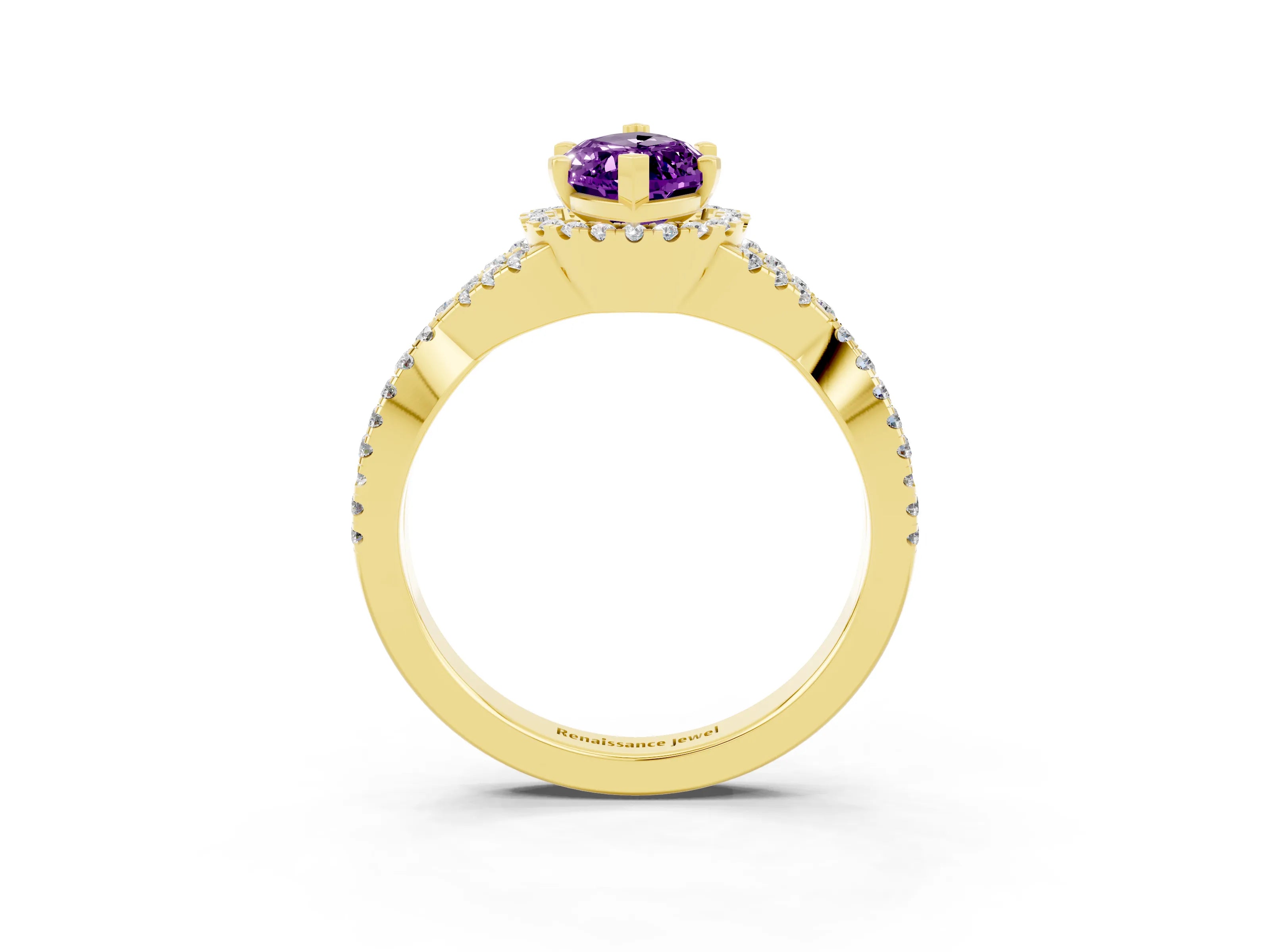 Yellow gold Marquise Cut Amethyst Halo Twist Band Solitaire Prong Setting Ring_3