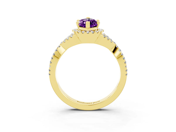 Yellow gold Marquise Cut Amethyst  Halo Twist Band Solitaire Prong Setting Ring