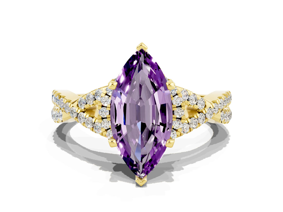 Yellow gold Marquise Cut Amethyst  Halo Twist Band Solitaire Prong Setting Ring_42