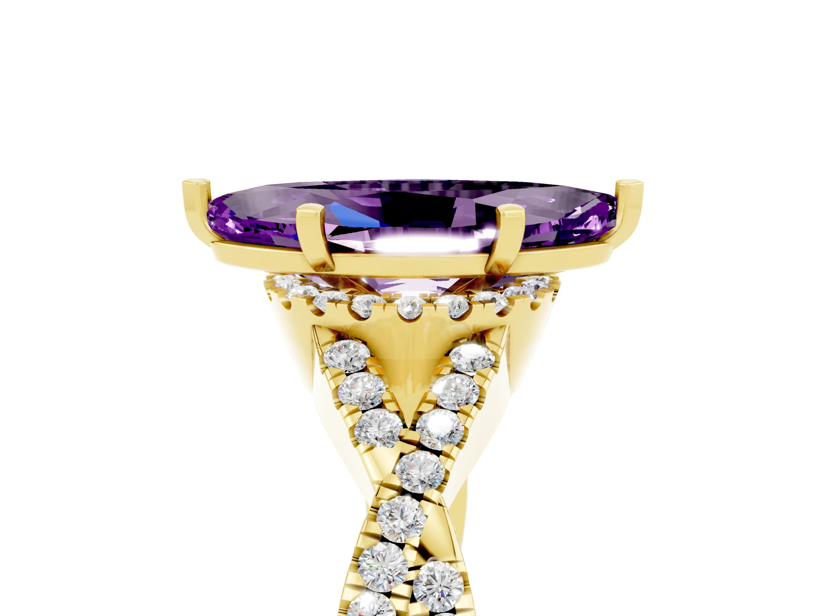 Yellow gold Marquise Cut Amethyst Halo Twist Band Solitaire Prong Setting Ring_5