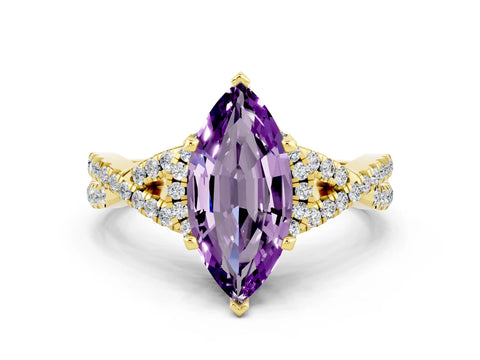 Yellow gold Marquise Cut Amethyst Halo Twist Band Solitaire Prong Setting Ring