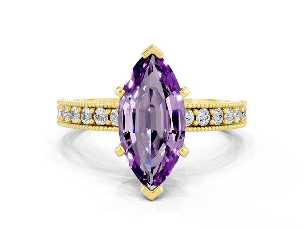 Yellow gold Marquise Cut Amethyst Milgrain Pavé Engagement Ring with Four-Prong Setting