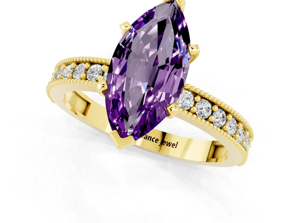 Yellow gold Marquise Cut Amethyst Milgrain Pavé Engagement Ring with Four-Prong Setting